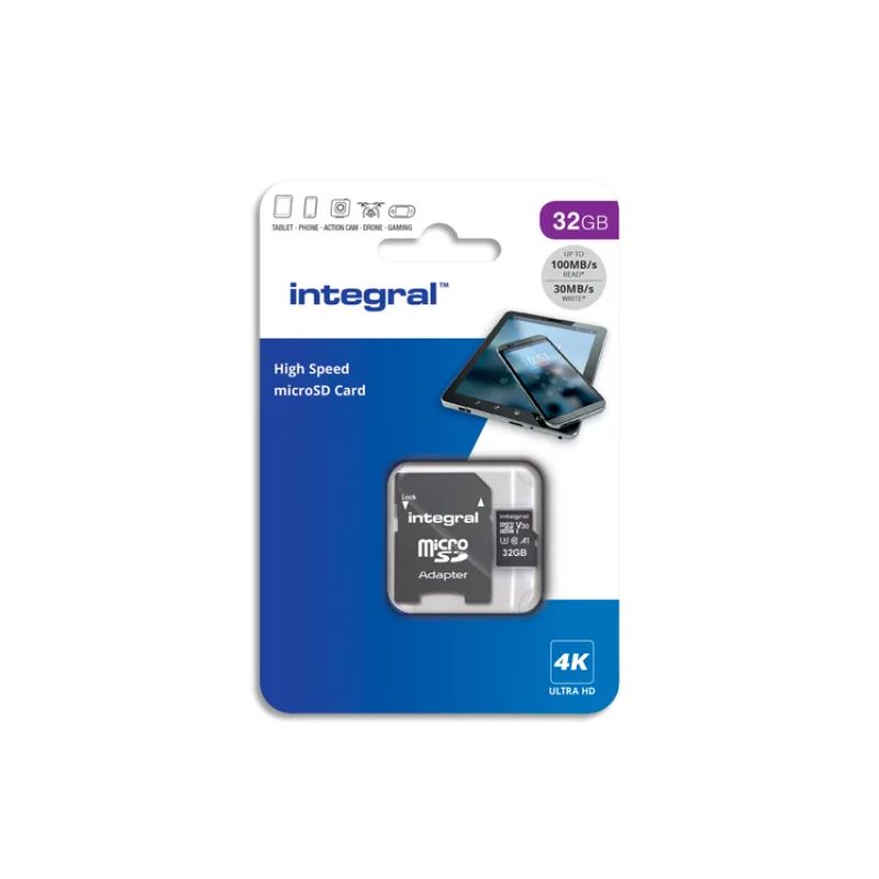  INTEGRAL Carte Micro SDHC+adaptateur 32Go V30 U3 A1 Class 10 UHS-I 100MB/s
