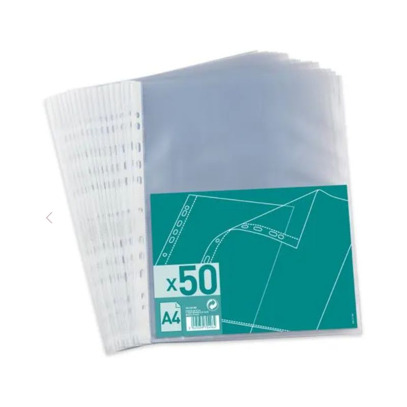 Sachet de 50 pochettes perforées en polypropylène grainé 4/100. Format A4, 11 trous.