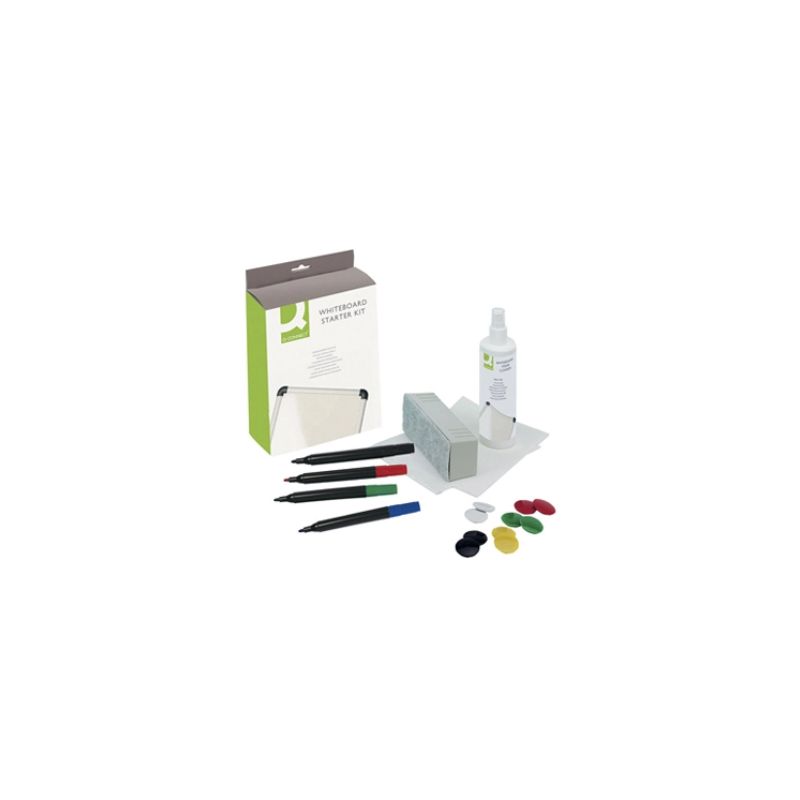 Kit nettoyage q-connect tableau blanc 1 flacon 250ml 4 marqueurs 10 aimants 1 brosse rechargeable 5 lingettes.
