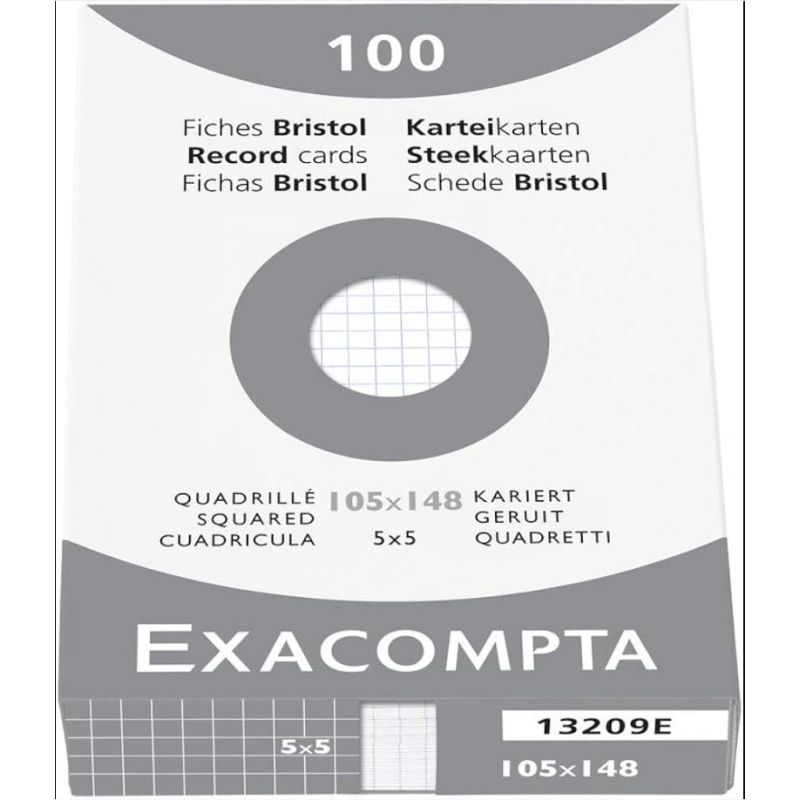 EXACOMPTA Etui de 100 fiches bristol non perforées 105x148mm (A6) quadrillées 5x5 Blanc