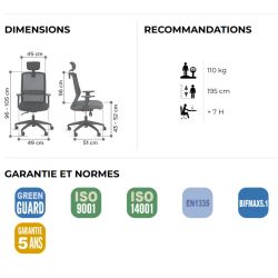 Fauteuil SCOTT dossier en maille et assise tissu Noir avec têtière