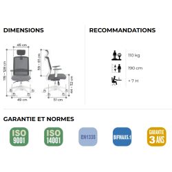 Fauteuil SCOTT structure blanche, dossier en maille et assise tissu Noir avec accoudoir et têtière