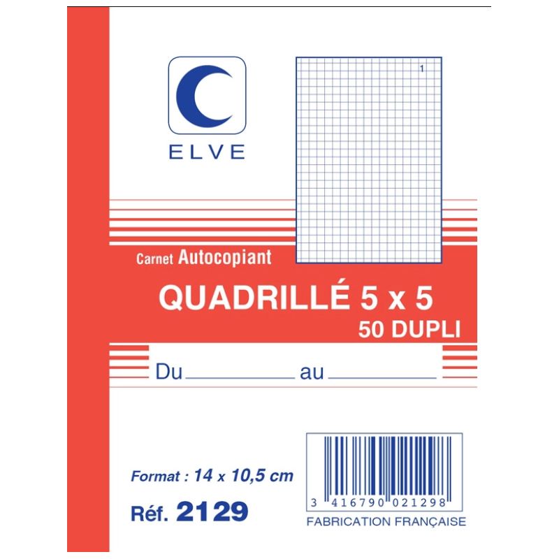 Manifold autocopiant elve 105x148mm quadrillé 5x5 foliotage 50 duplis.