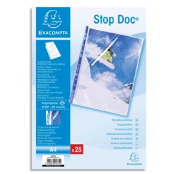 EXACOMPTA Sachet de 25 pochettes perforées A4 PP transparent lisse 6/100. Ouverture en coin 2/3 hauteur