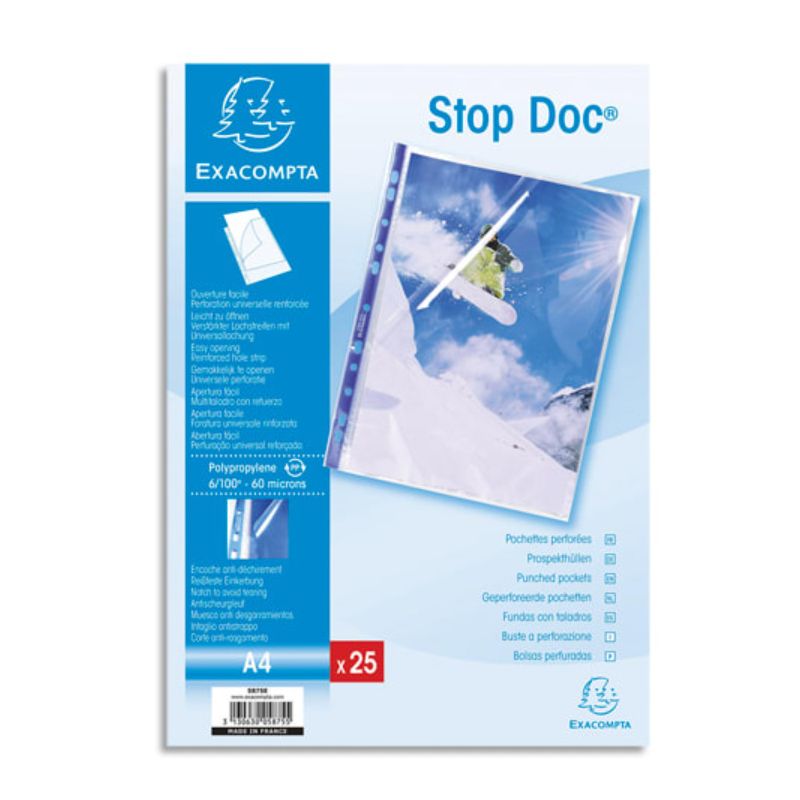 EXACOMPTA Sachet de 25 pochettes perforées A4 PP transparent lisse 6/100. Ouverture en coin 2/3 hauteur