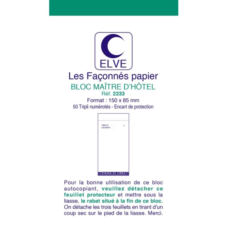 Bloc maître d'hôtel elve papier autocopiant numéroté 1/50 85x150mm 50 triplis bleu rouge vert.