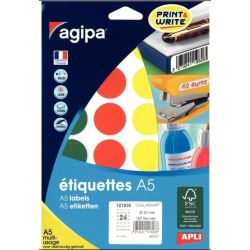 Pastille adhésive apli agipa diamètre 30mm coloris assortis pochette 168 unités.