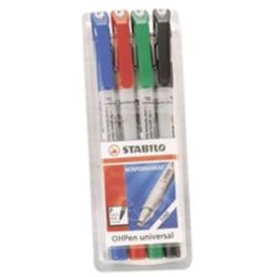 Stylo-feutre stabilo ohp pen soluble pointe fine 0.7mm couleurs assorties pochette 4 unités.