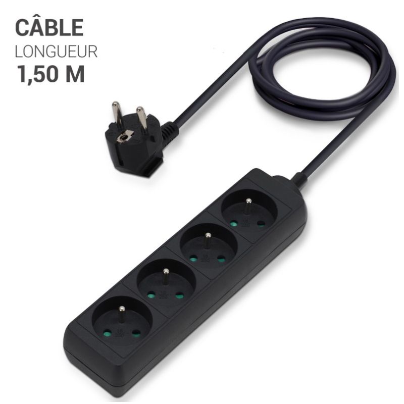 Multiprise électrique sans interrupteur 4 prises cable 1.50m noire NF
